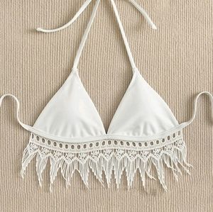 Fringe Hem Halter Triangle Bikini Top
